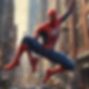 Dynamic view of Spider-Man swinging through a cityscape