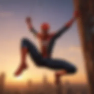 Spider-Man in mid-swing against a sunset backdrop