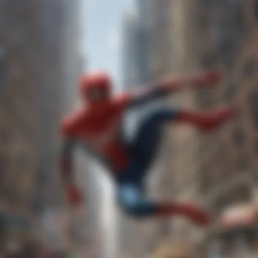 Iconic scene of Spider-Man swinging through the city