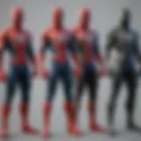 An illustration showcasing various iterations of Spider-Man's mod suits