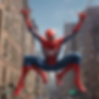 The iconic Spider-Man swinging through the city skyline.