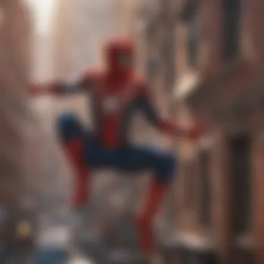 Tom Holland's Iconic Swing Tom Holland as Spider-Man swinging through the city
