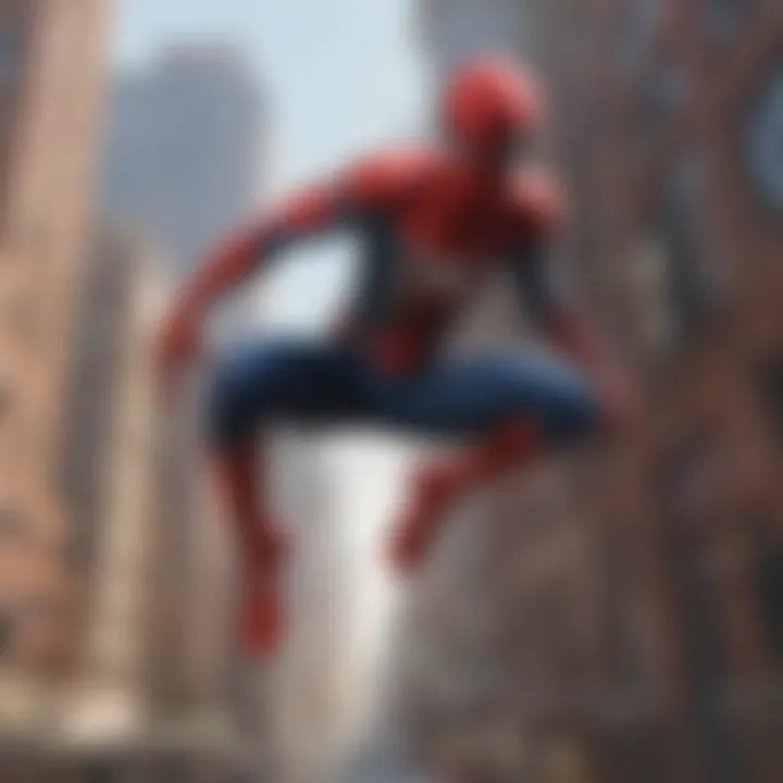 Spider-Man swinging through a bustling cityscape, showcasing his agility and determination.