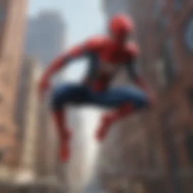 Spider-Man in Action: Urban Acrobatics Spider-Man swinging through a bustling cityscape, showcasing his agility and determination.