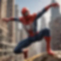 An artistic representation of Spider-Man swinging through a vibrant cityscape.