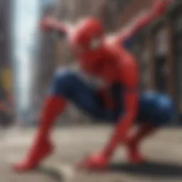Spider-Man performing a dance sequence in a vibrant cityscape