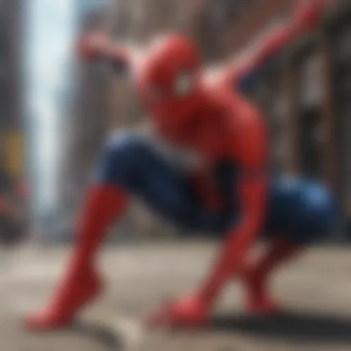 Spider-Man performing a dance sequence in a vibrant cityscape