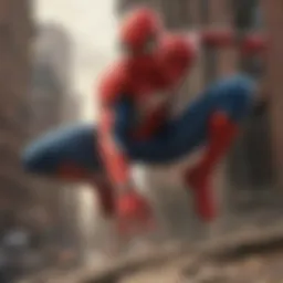Dynamic portrayal of Spider-Man swinging through the city skyline.