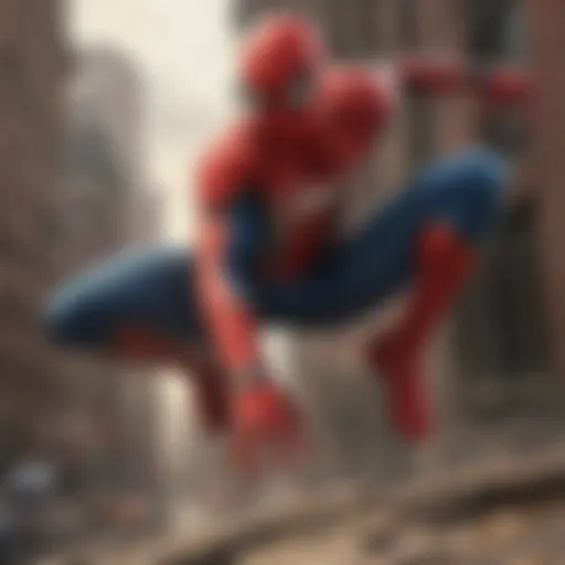 Dynamic portrayal of Spider-Man swinging through the city skyline.