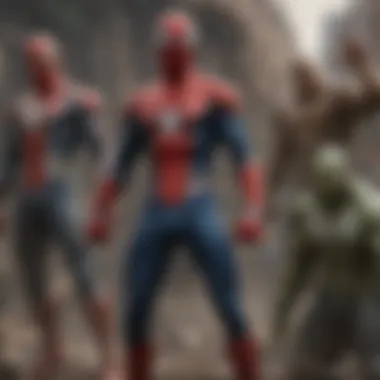 Spider-Man teaming up with the Avengers during a battle