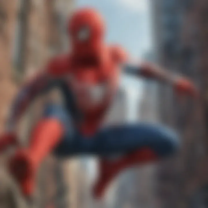 Artistic representation of Spider-Man swinging through the cityscape
