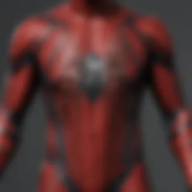 Close-up view of Tobey Maguire's Spider-Man suit showcasing intricate web patterns.