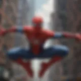 Tobey Maguire in iconic Spider-Man suit swinging through cityscape