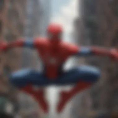 Tobey Maguire in iconic Spider-Man suit swinging through cityscape