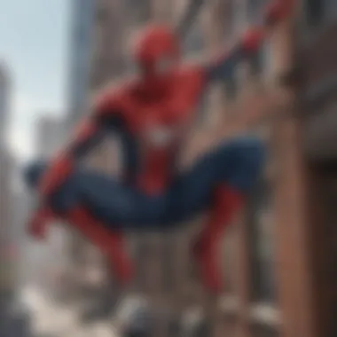 Tom Holland as Spider-Man swinging through the city skyline