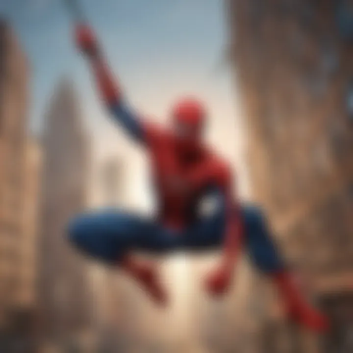 Spiderman swinging through cityscape