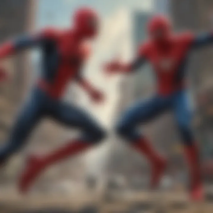 Spider-Man facing off against iconic villain in dramatic battle scene