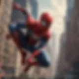 Spider-Man in iconic red and blue suit swinging through city skyline