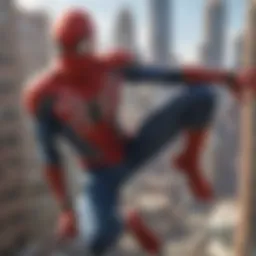 Virtual Spider-Man swinging through the futuristic cityscape