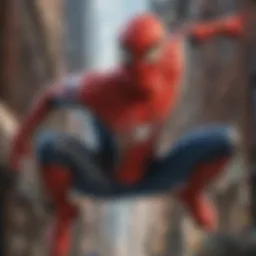 Depiction of Spider-Man swinging through the city