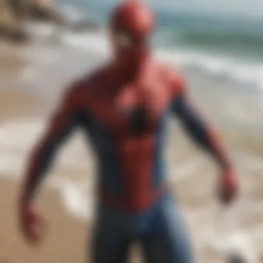 A vibrant Spider-Man themed swim suit displayed on a sandy beach