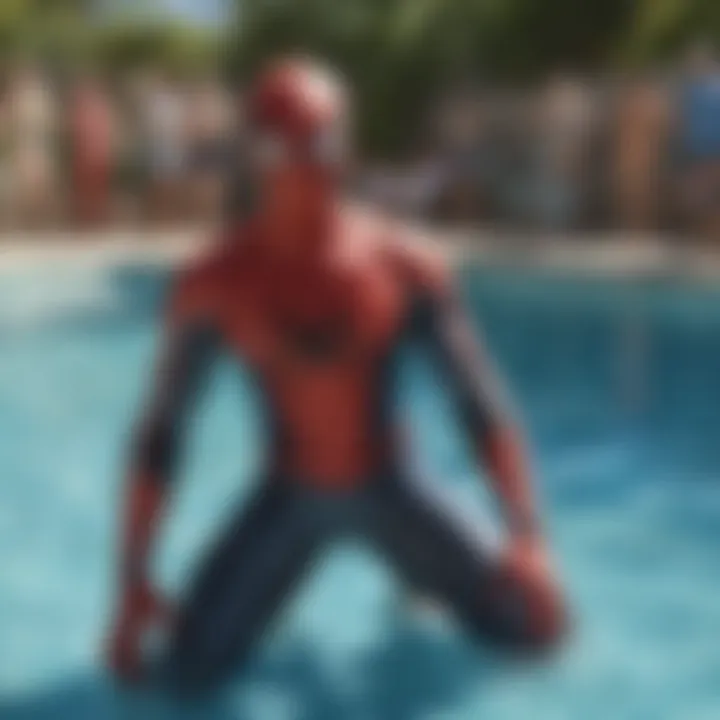 A lively pool party featuring individuals sporting Spider-Man swim suits