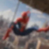 Dynamic action shot of Spider-Man swinging through the cityscape