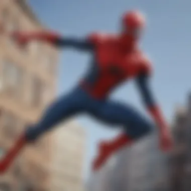 Spider-Man in mid-air action pose with villains in background