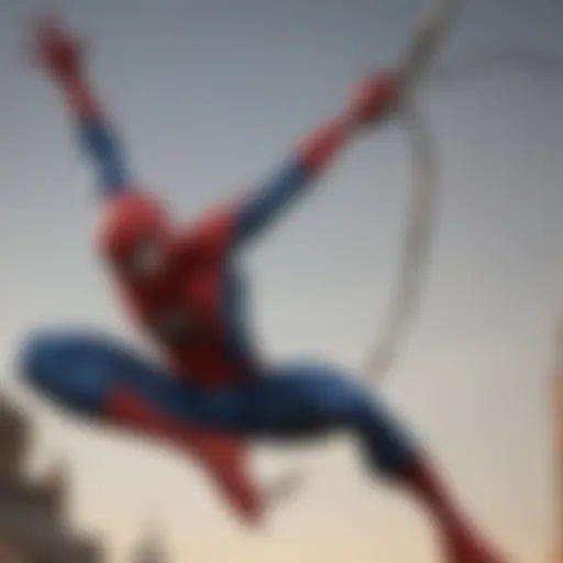 Sculpture of Spider-Man swinging through cityscape