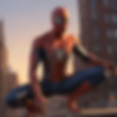 Spider-Man overlooking the city skyline with a dramatic sunset