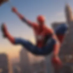 Spider-Man swinging through the city at dusk