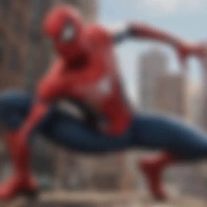 A dynamic scene showcasing Spider-Man in action, leaping through a vibrant cityscape.