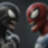 Venom and Spider-Man facing off in a dramatic confrontation