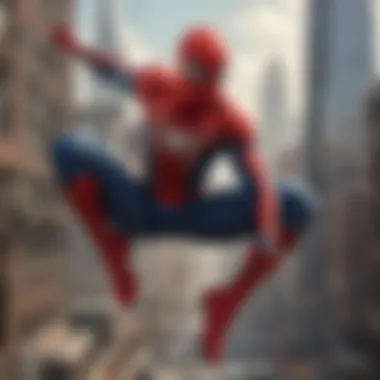 Web-slinging superhero swinging across city skyline