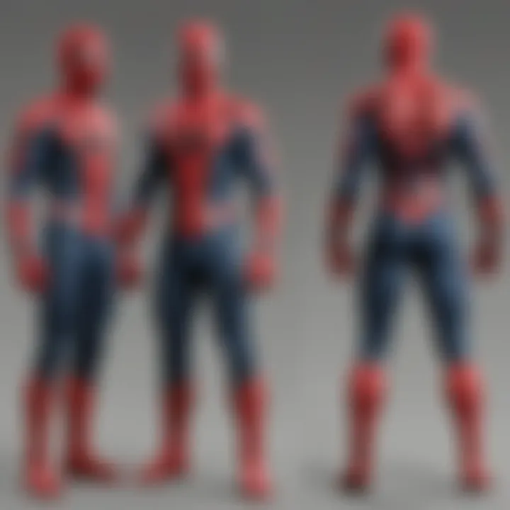 An online shopping interface showing Spider-Man suits for sale.